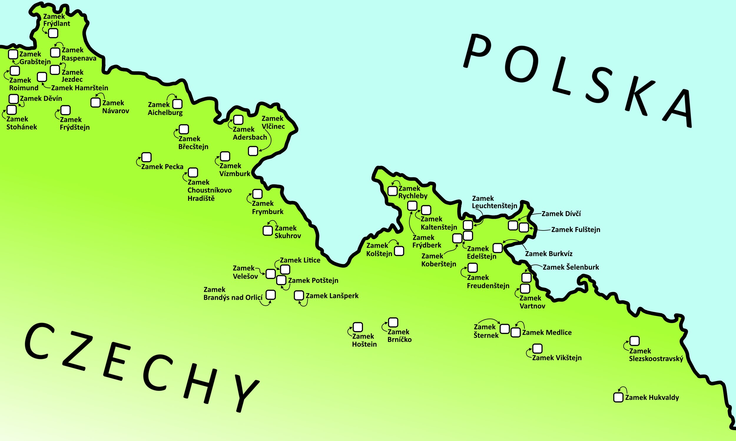 Mapa zamków w Czechach przy granicy z Polską